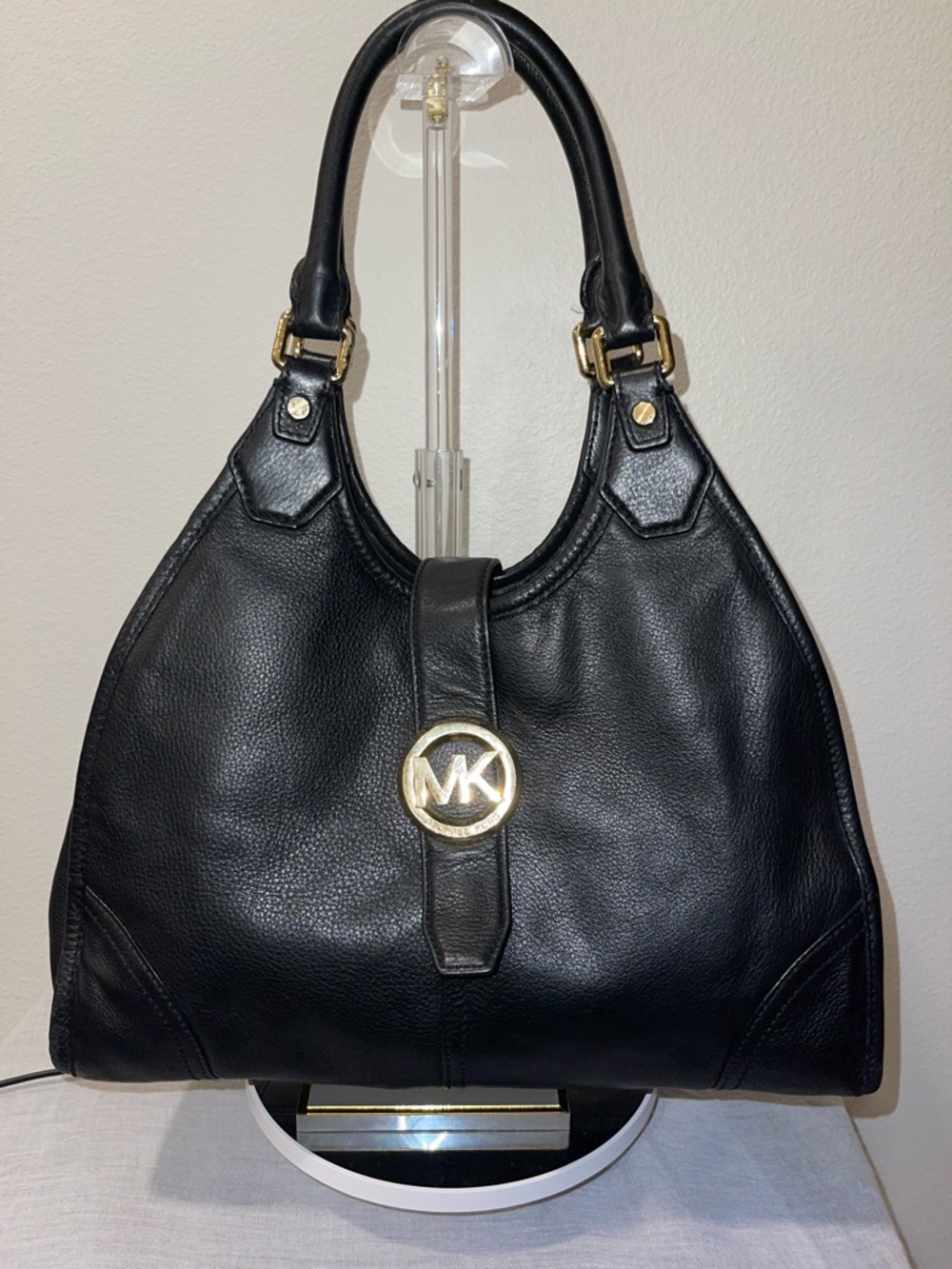 Michael Kors Black Leather Shoulder Bag with Gold MK Medallion